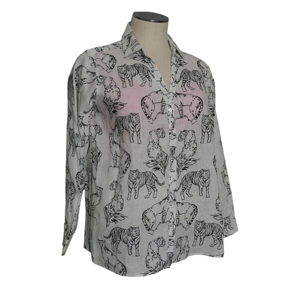 Cynthia Rowley Sz L Shirt Off White Animal Print Tiger Leopard Cheetah Linen Cat - Picture 2 of 11